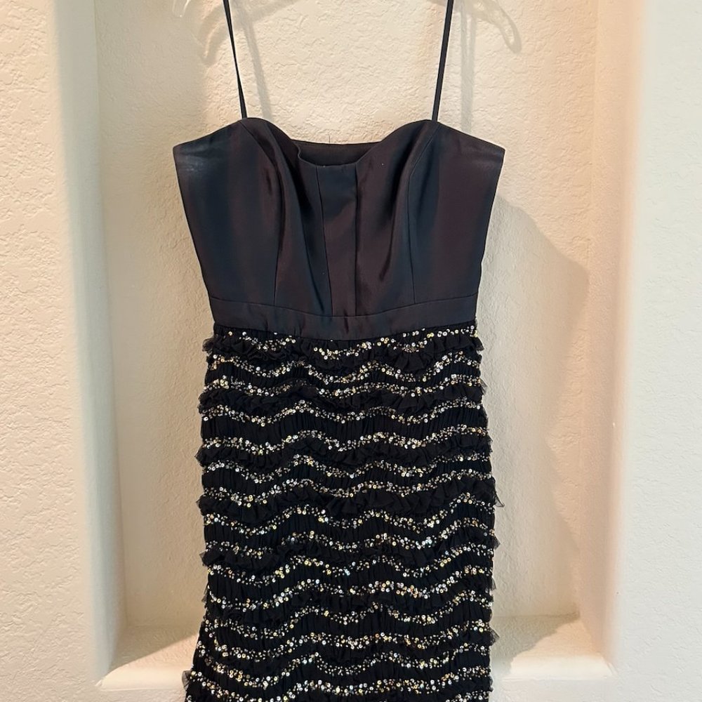 Milly of New York Black and Gold Sequin Formal Mini Strapless Dress